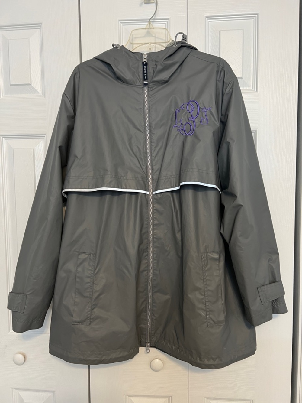 Charles River Apparel Gray Hooded Raincoat with Purple Monogram